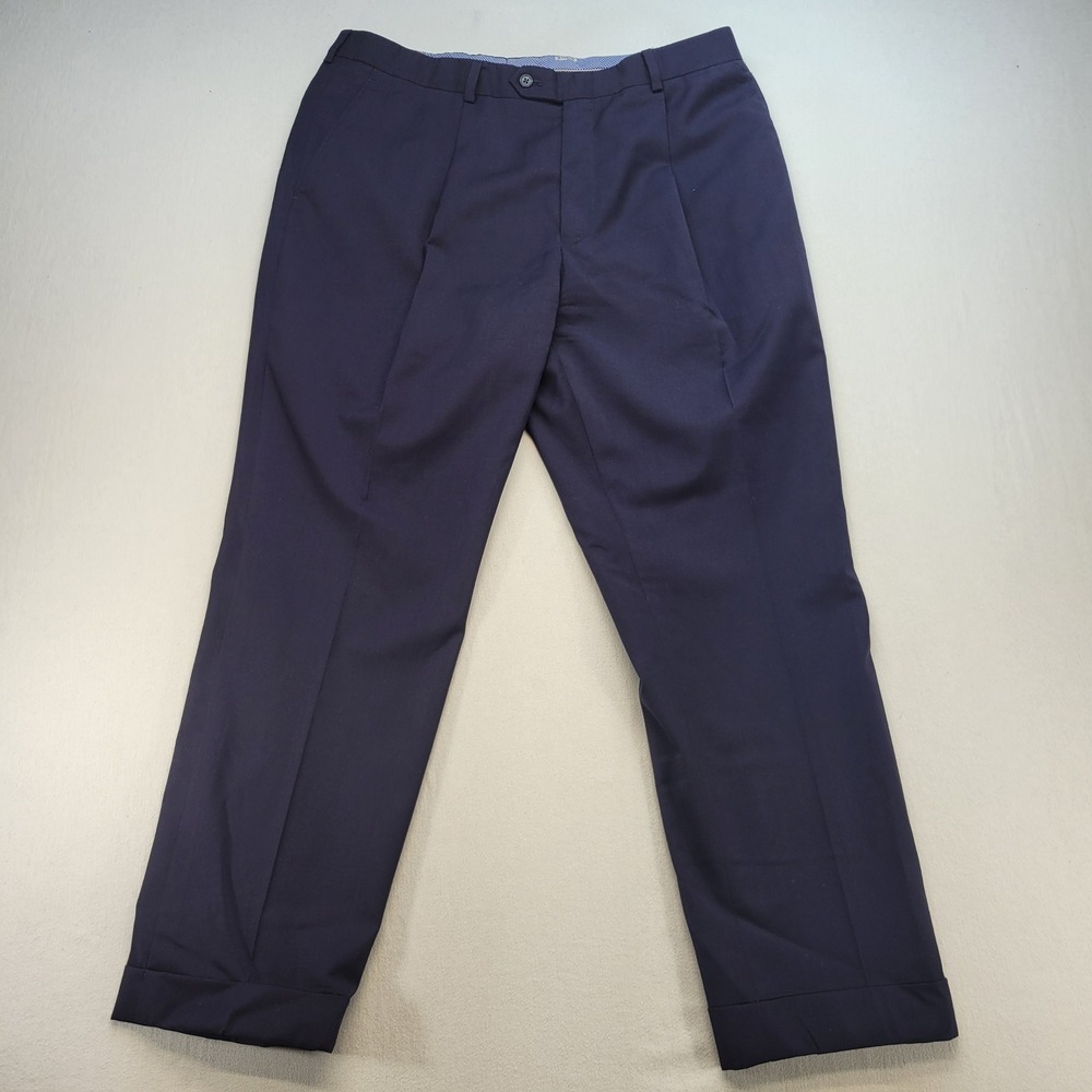 Hart Schaffner Marx Dress Pants Mens 36R Navy Blue Pleated Wool Natural Stretch